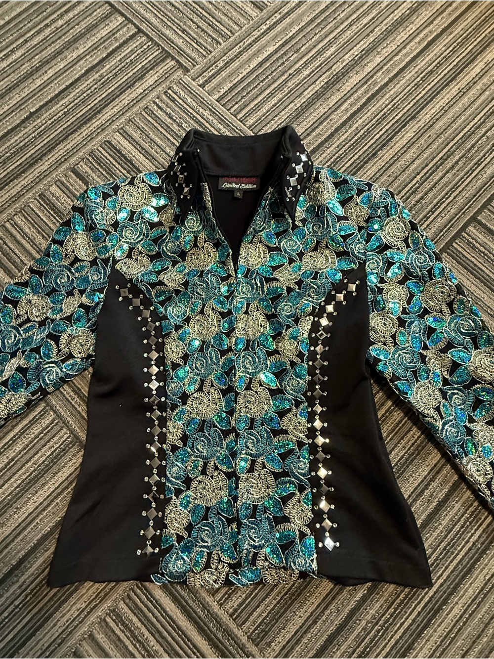 Embroidered Floral Sequin Jacket - Black & Teal
